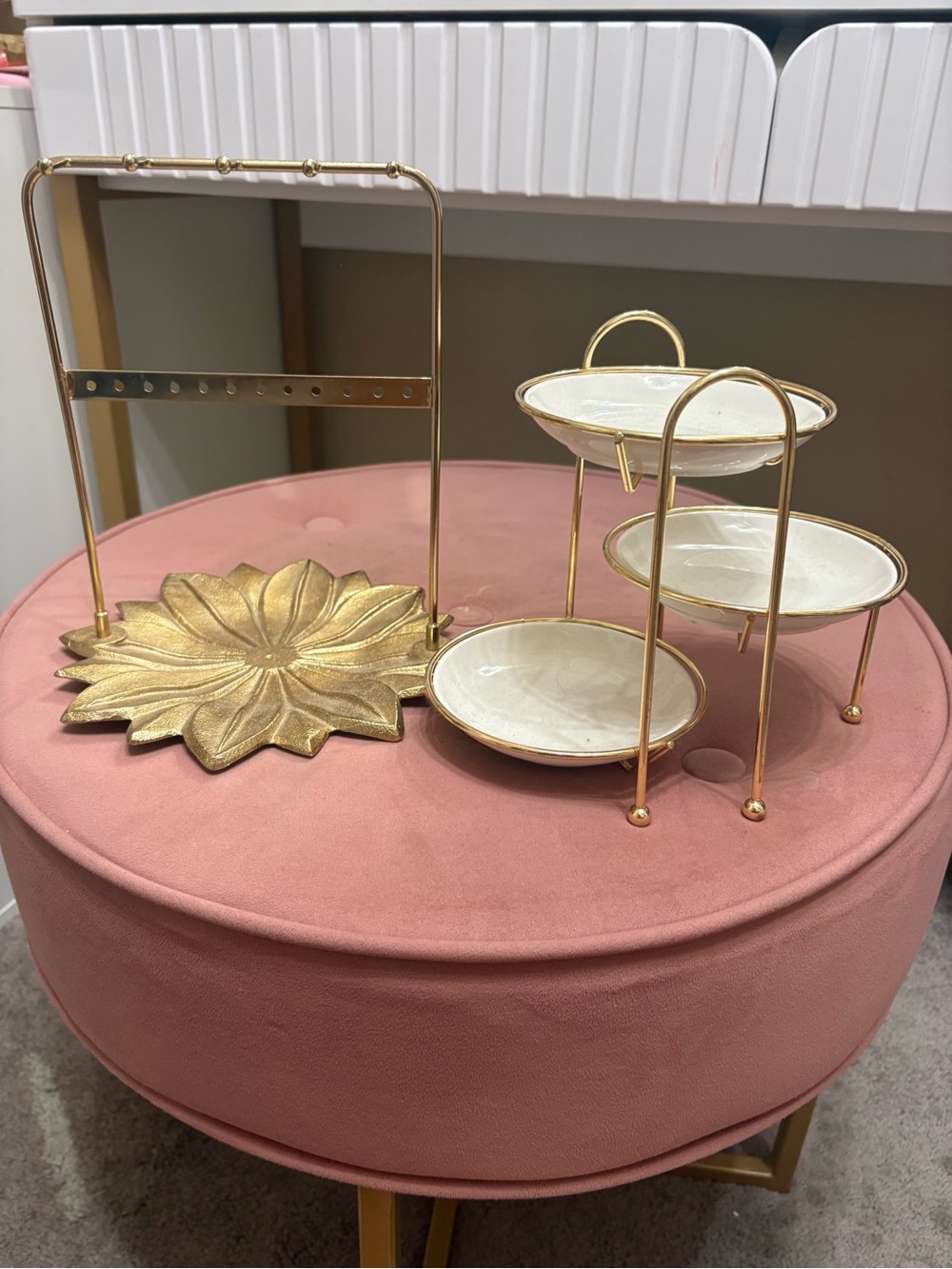 Gold and White 3-Tier Dessert Stand with Floral Gold Tray